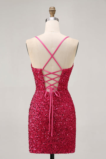 Sparkly Sequins Fuchsia Spaghetti Straps Short Tight Homecoming Dress